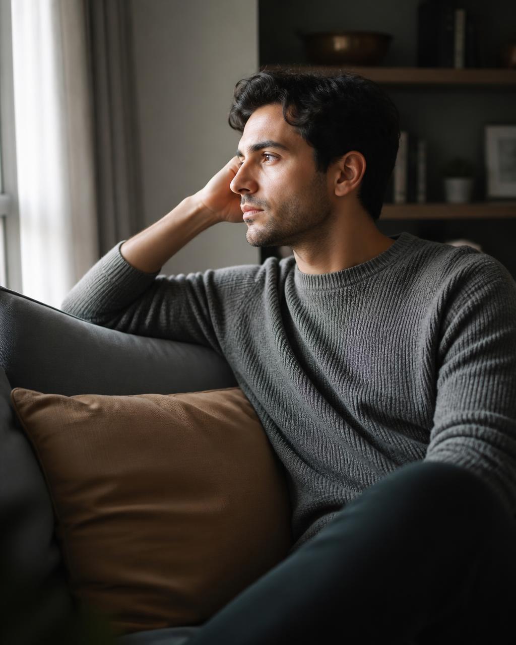 A young adult sitting quietly on a sofa by a window, looking thoughtful